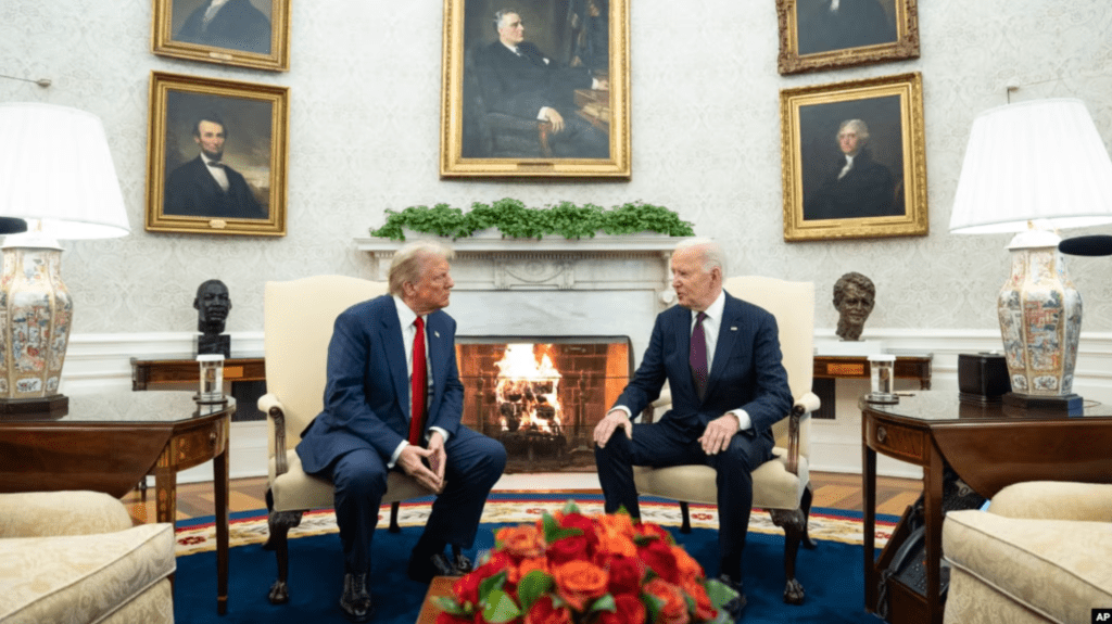 President Joe Biden meets with President-elect Donald Trump in the Oval Office of the White House, in Washington, Nov. 13, 2024.