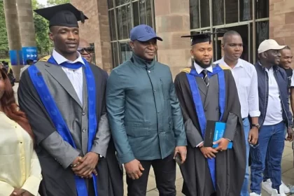 Managing Director of the NDDC Dr Samuel Ogbuku flanked by some of the graduating NDDC sponsored scholars at Coventry University United Kingdom during their graduation ceremony on Thursday