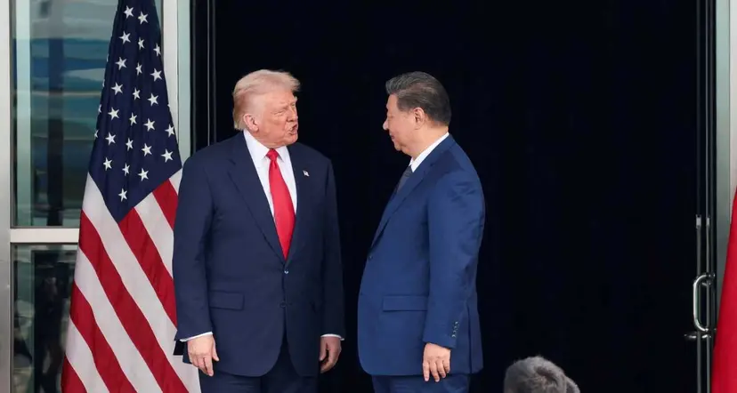 US President Donald Trump and Chinese President Xi Jinping talk as they leave after a bilateral meeting at Gimhae International Airport on the sidelines of the Asia Pacific Economic Cooperation summit in Busan South Korea File Photo